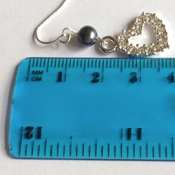 Black Tahitian Pearl Heart Earrings Silver Plated Crystal Dangle Bridal Love - Picture 11 of 11